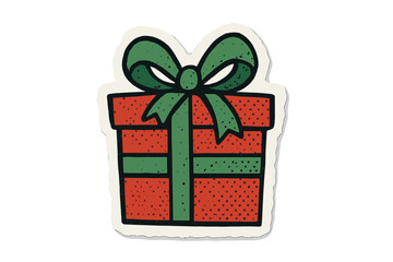 Christmas gift box illustration with green bow, red halftone festive present, torn paper sticker style, magazine cutout shape, holiday celebration vector cartoon design