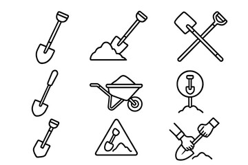 Obraz premium Shovel and Digging Line Icons Set for Web, Books, Cards, Apps, Editable Stroke Vector Illustrations, Construction Tools, Gardening, Earth Moving, Soil Work Symbols