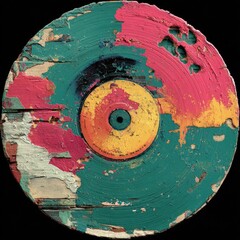 A weathered, circular disc painted in vibrant hues of teal, pink, and yellow, showing significant wear and tear, resembling an aged record