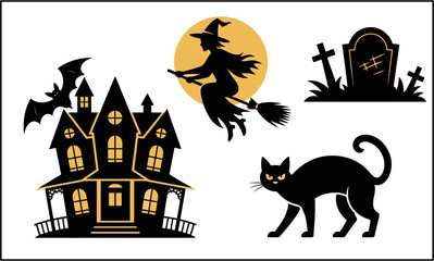 Halloween silhouette illustration with witch, cat, house isolated 
Collection of halloween elements isolated on white background for decoration