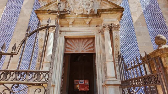 Parish Church of St. Nicholas with ornate Portuguese azulejo blue tiles in Ribeira District, Porto, Portugal