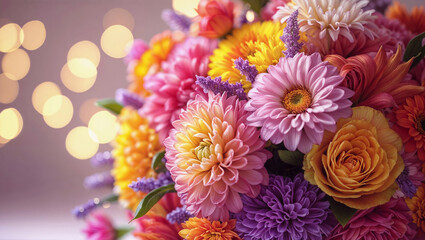 A vibrant bouquet of assorted flowers including daisies, roses, and asters in various colors like pink, orange, and purple