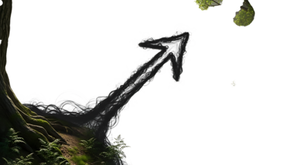 A whimsical arrow formed by tree roots points upwards against a bright transparent background, suggesting growth, direction, and the power of nature, isolated on transparent background