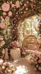 Serene outdoor patio scene, overflowing with pink roses creating a romantic ambiance. A woven swing and small table with a light cloth add to the peaceful setting