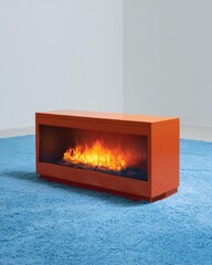A modern, rectangular electric fireplace with an orange exterior sits on a blue rug against a white wall.  The flames are realistically rendered within a glass pane