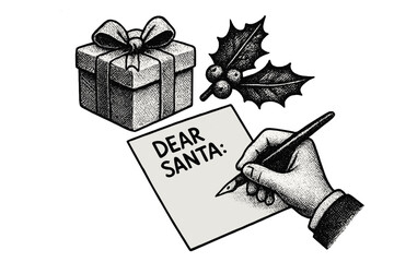 Vintage Christmas collage with hand writing a letter to Dear Santa, gift box with ribbon, holly branch with berries, retro halftone style illustration for holiday season greetings and festive design