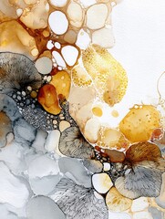 An abstract artwork featuring an array of organic shapes in shades of gray, beige, and amber, created through a fluid art technique, resembling a geological formation or a microscopic view