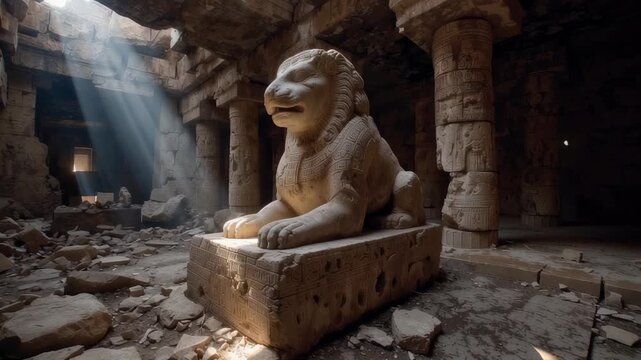Ancient Egyptian sphinx statue illuminated by sunbeam in ruined temple. Archaeological discovery of mystical guardian figure. Historical artifact in crumbling stone chamber.