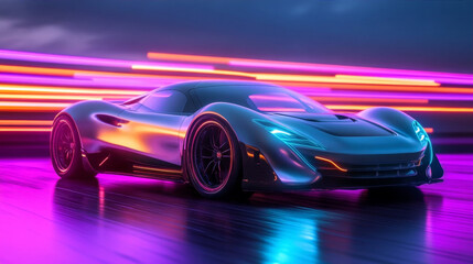 Futuristic Electric Supercar with Neon Lights Trailing on a Highway