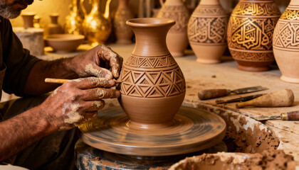 Potter crafting a clay vase with intricate geometric designs