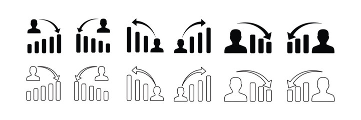 Minimalist User Engagement Decline Icons Set – Flat and Outline Style Vector