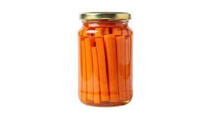 Isolated jar of preserved carrots in brine, pickled vegetables, traditional food