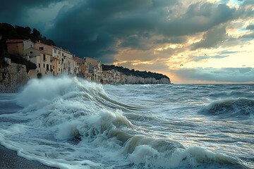 Fototapeta premium Seaside village braving violent ocean waves high resolution picture