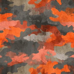Abstract camouflage pattern in shades of orange, grey, and muted peach.  The design features irregular, blotchy shapes that blend seamlessly, creating a textured, distressed aesthetic