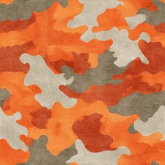 Abstract watercolor camouflage pattern in orange, brown, and beige tones. The design features irregular shapes and a seamless repeat