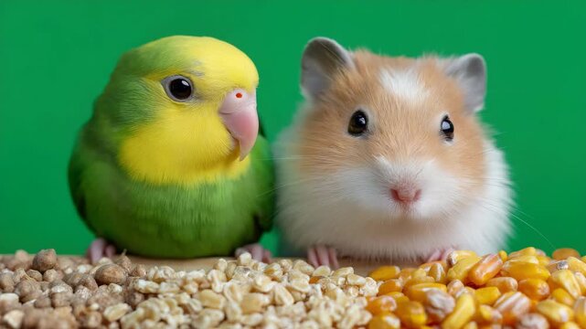 Parrotlet and hamster explore grains: adorable animal duo engages with food in green background