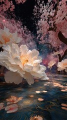 A digital painting of large, luminous white flowers near a reflective pool beneath a canopy of blossoming pink trees at night