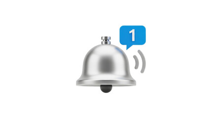 Isolated silver bell rings with a notification bubble showing one unseen alert icon message