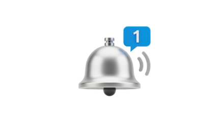 Isolated silver bell rings with a notification bubble showing one unseen alert icon message