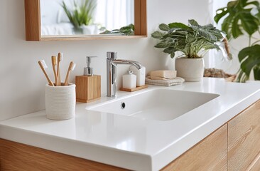 Fototapeta premium Modern Bathroom Sink Area with Plants. It shows a tidy bathroom sink space with greenery. Ideal for interior design blogs, home renovation sites, or bathroom product promotions.