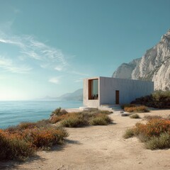 Minimalist concrete house perched on a coastal cliff overlooking a calm ocean, surrounded by sparse vegetation under a clear sky