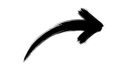 A bold, black, handdrawn arrow points dynamically to the right, isolated on transparent background, conveying direction, movement, and a sense of forward momentum with its expressive brushstroke