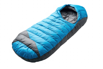 High angle studio shot of a blue and gray sleeping bag on a transparent background