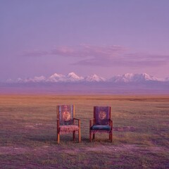 Two chairs sit alone in a vast, flat field, facing a majestic, snow-capped mountain range under a pastel sunset sky