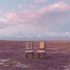 Two antique chairs sit facing each other on a purple-toned field, with a majestic snow-capped mountain range in the background under a soft, pastel sky