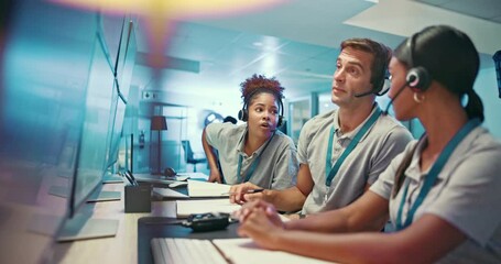 People, talk and headset with computer in control room to monitor weather, climate change and advice. Staff, feedback and online for satellite update, study storm pattern and surveillance of disaster - Powered by Adobe
