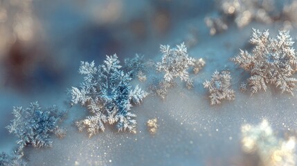 Close-up of intricately detailed snowflakes resting on a shimmering, snow-covered surface, illuminated by soft, warm light creating a dreamy, winter wonderland aesthetic