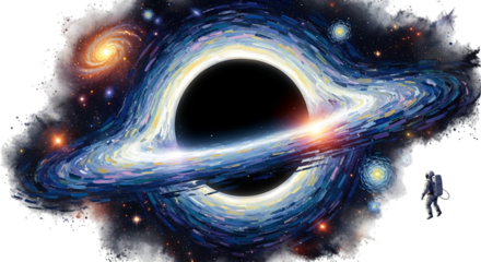 A captivating illustration showcases a lone astronaut standing before a colossal black hole, surrounded by swirling galaxies and cosmic dust, creating a sense of wonder and the vastness of the univers