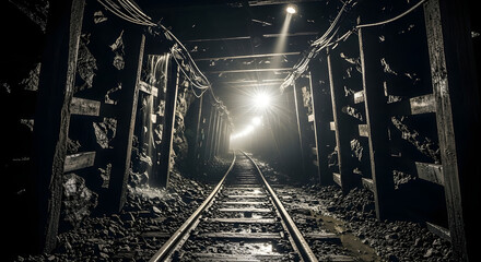 Dramatic view of a dark wet mining tunnel with illuminated railway tracks and wooden supports.