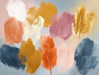 An abstract artwork featuring various muted earth tones in a painterly style.  Overlapping, textured shapes suggest foliage or clouds.  A soft, light background complements the rich hues