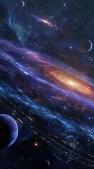 A vibrant depiction of a spiral galaxy, swirling with cosmic dust and gas, punctuated by celestial bodies and radiant stars