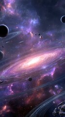 A vibrant, cosmic scene depicting a spiral galaxy with planets, nebulae, and celestial bodies.  Purple and pink hues dominate, creating a fantasy-like atmosphere