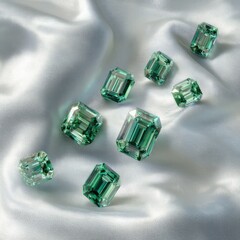 Emerald-cut gemstones scattered on luxurious, flowing white silk fabric, showcasing their vibrant green hues and brilliant facets under soft, diffused light