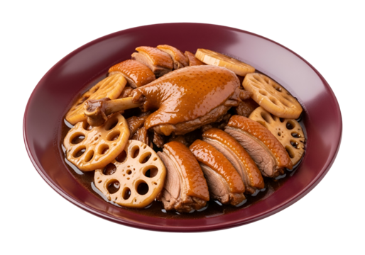 Slices of glazed duck and lotus root, presented on a dark burgundy plate against a black background.