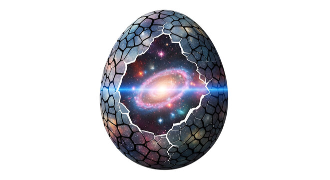Cosmic egg isolated on transparent background, revealing a vibrant galaxy within a cracked shell, symbolizing the birth of a universe, new beginnings, and the infinite possibilities contained within a