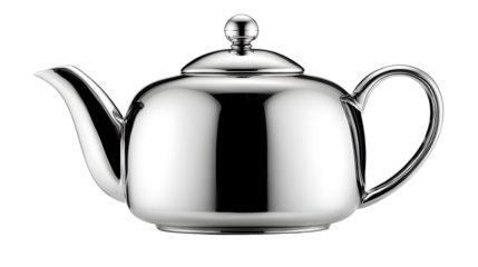 Elegant polished chrome teapot with classic curves, perfect for modern kitchens and sophisticated tea time experiences.