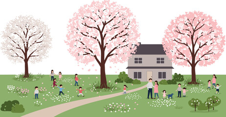 Spring park scene, blooming cherry trees, children playing, family outing, seasonal nature, outdoor recreation, garden flowers, peaceful day, sunny weather, joyful moment