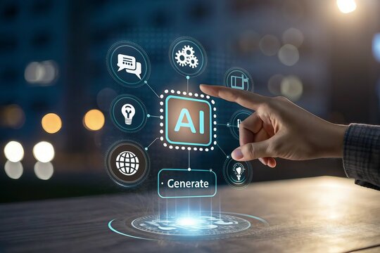 Hand interacting with futuristic holographic interface displaying ai and various digital icons on a blurred city background