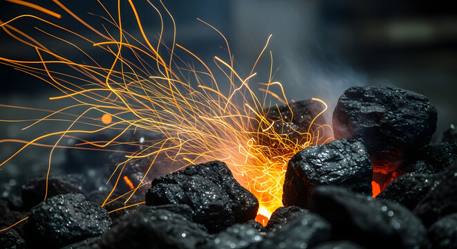 Glowing Coal with Sparks and Smoke CloseUp View Dark Background.