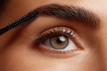 Obraz premium Extreme close up of woman eye with eyebrow grooming using spoolie brush, beauty care and cosmetic detail for natural makeup look
