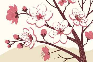 Fototapeta premium Delicate Pink and White Cherry Blossom Flowers and Buds on a Stylized Branch Spring Bloom Vector.