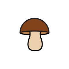 Illustration of a brown mushroom with a beige stem and black outline, isolated on a white background.