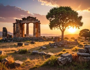 Obraz premium Ancient Stone Ruins Illuminated By Golden Sunset in Rural Landscape with Tree and Overcast Sky