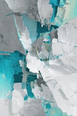 Abstract artwork featuring fragmented shapes in shades of gray, white, and teal, creating a shattered or fractured effect.  The color palette is cool and evokes a sense of movement