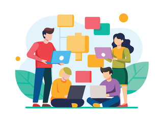 Team collaboration with laptops and sticky notes for project planning and idea generation