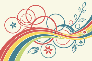 Vibrant abstract vector design with flowing colorful stripes decorative circles and stylized floral elements.